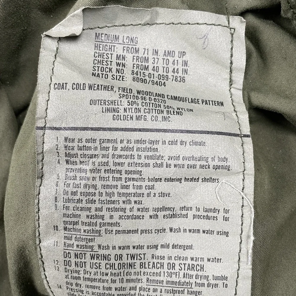 Vintage Military M-65 Field Jacket Mens Medium Long Camo Cold Weather Hoodie
